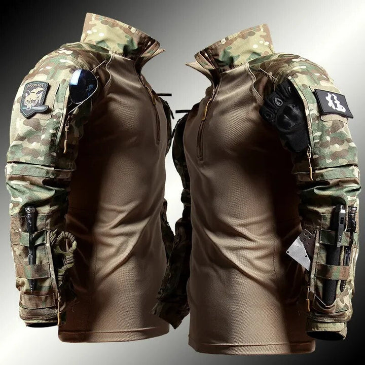 Schwarzes Herren Combat Set: Longsleeve mit Half-Zip & Cargo-Hose mit Knieschutz für Militär & Abenteuer.