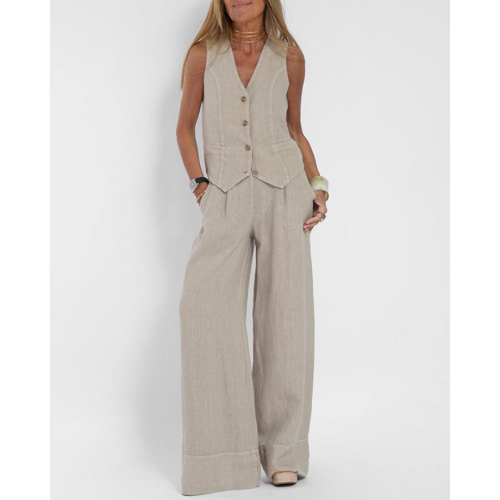 Farbenfroher Damen Weste-Hose-Set, ideal für Frühling & Sommer. Bequemer Zweiteiler für Alltag oder Freizeit.
