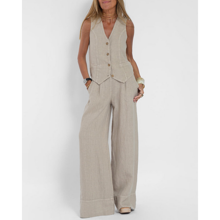 Farbenfroher Damen Weste-Hose-Set, ideal für Frühling & Sommer. Bequemer Zweiteiler für Alltag oder Freizeit.