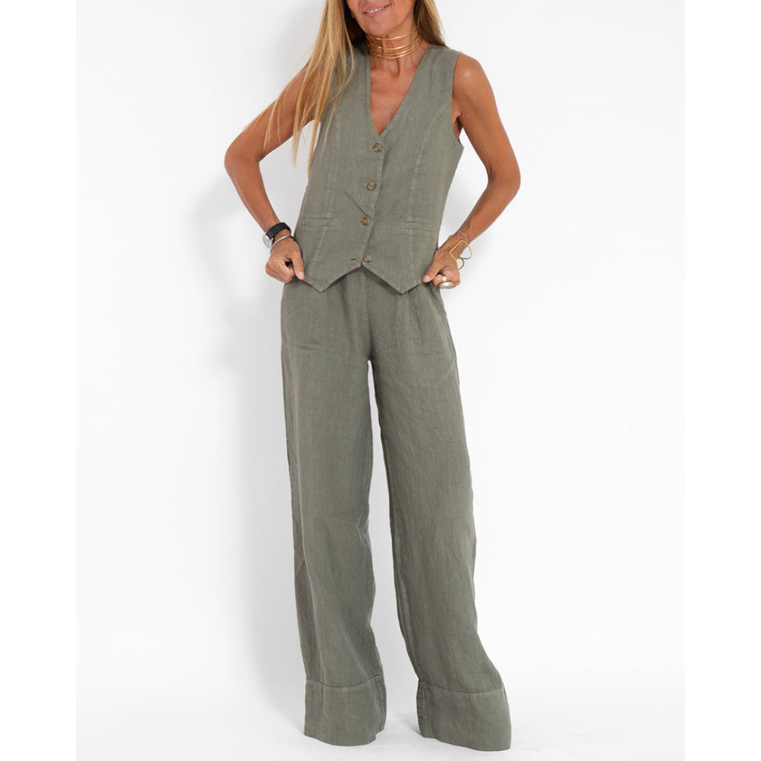 Stylischer Damen Zweiteiler mit Weste & Hose für Freizeit. Bequemes Set für Sommer & Frühling, elegant & modern.
