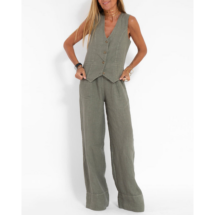Stylischer Damen Zweiteiler mit Weste & Hose für Freizeit. Bequemes Set für Sommer & Frühling, elegant & modern.
