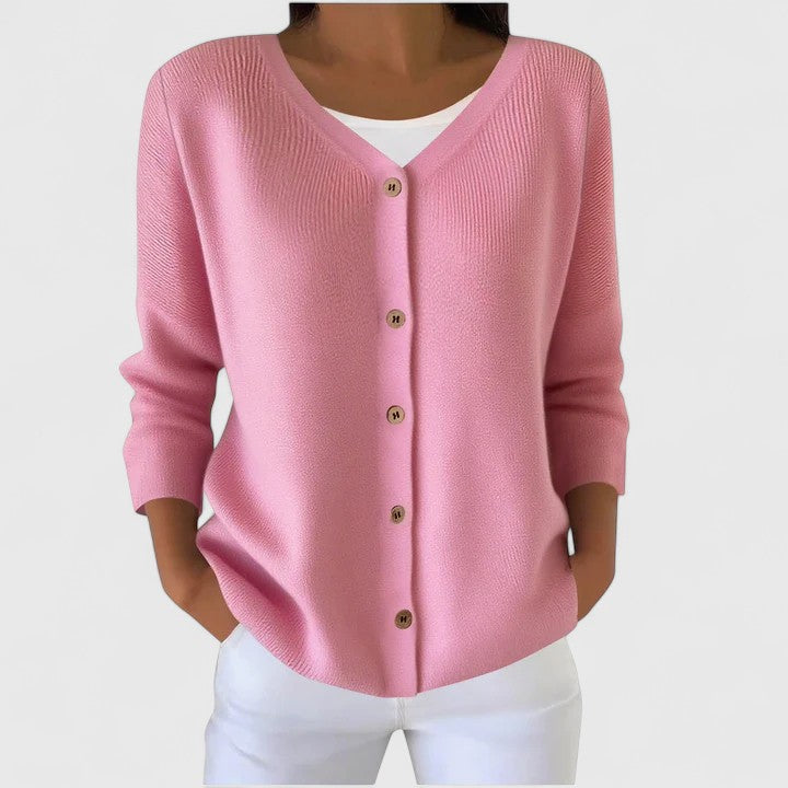 Bequemer Damen Cardigan mit V-Ausschnitt und Knöpfen, perfekt für elegante Freizeit-Outfits.