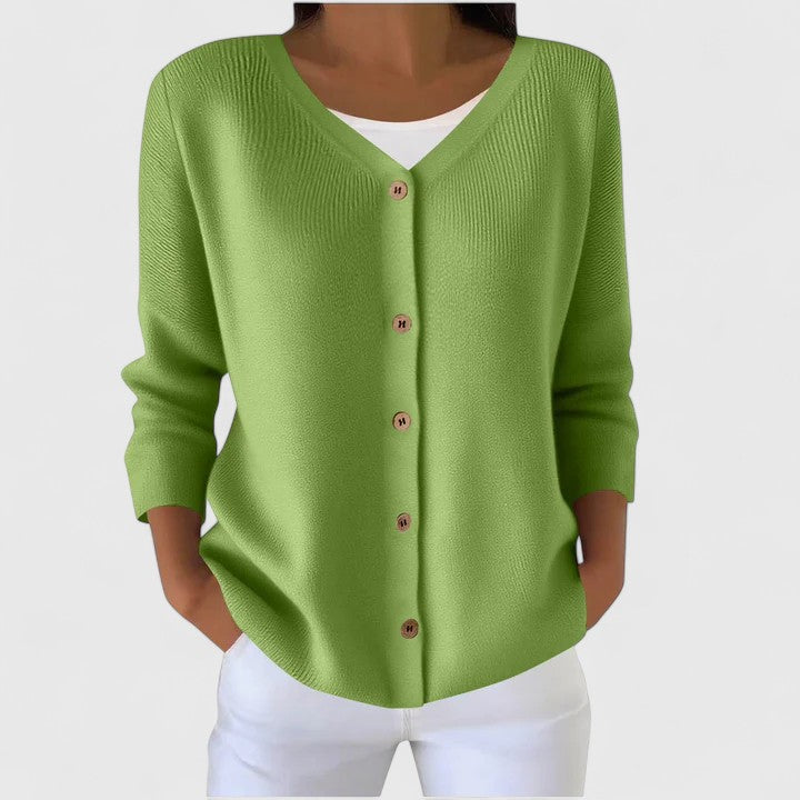 Stylische Damen Strickjacke mit V-Ausschnitt & Knöpfen, perfekt für einen vielseitigen Look.