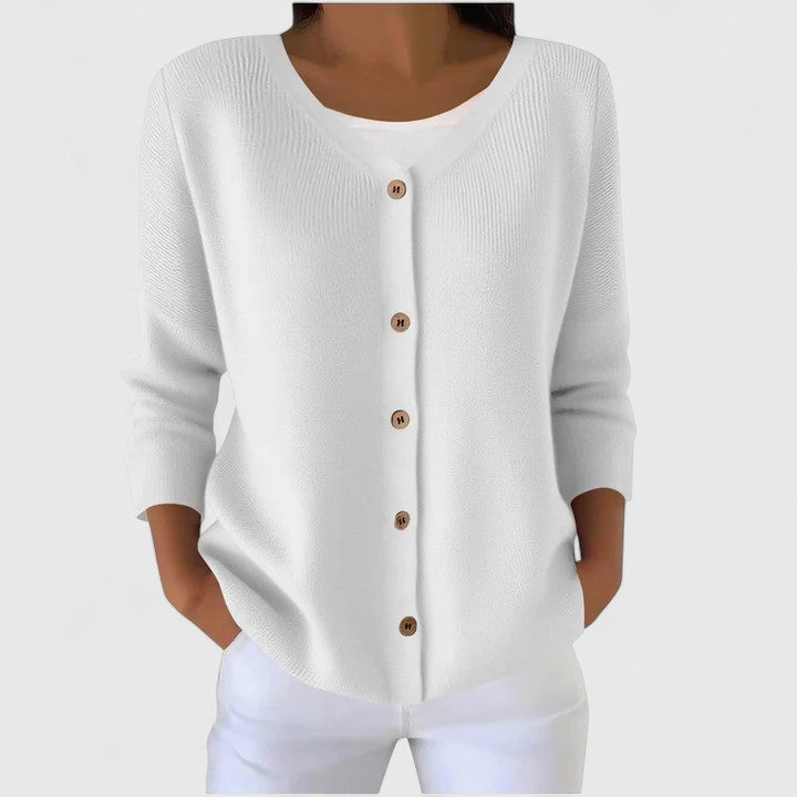 Weicher Damen V-Ausschnitt Cardigan mit Knopfleiste, ideal für den stilvollen Büro Look.