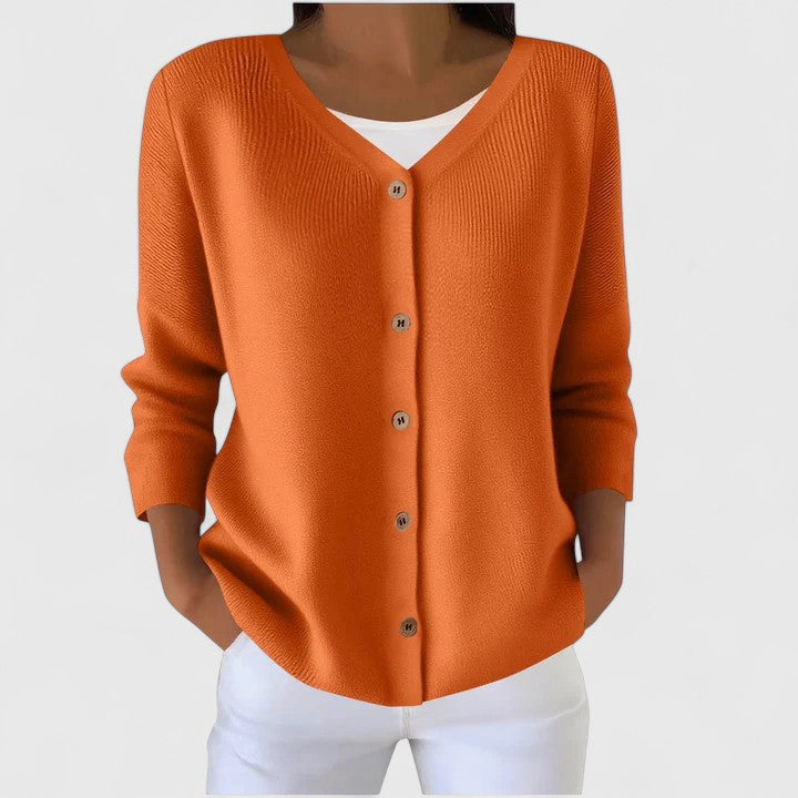 Modische Damen Strickjacke, V-Ausschnitt, Langarm & Knöpfen, vielseitig kombinierbar.
