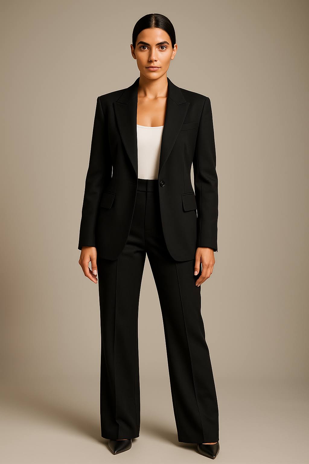 Modisches Damen Business Outfit: Zweiteiler mit Blazer & weiter Hose für Frühling/Sommer Events.
