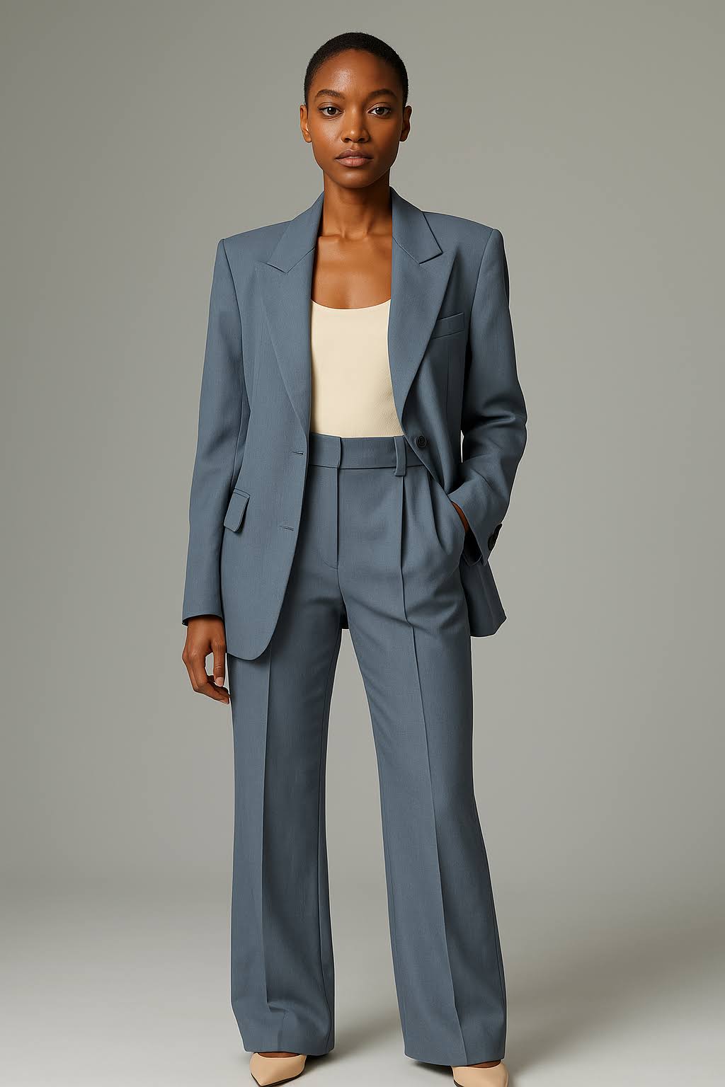 Hochwertiges Damen Anzugset: Eleganter Blazer & bequeme weite Hose. Ideal für Business & Events.