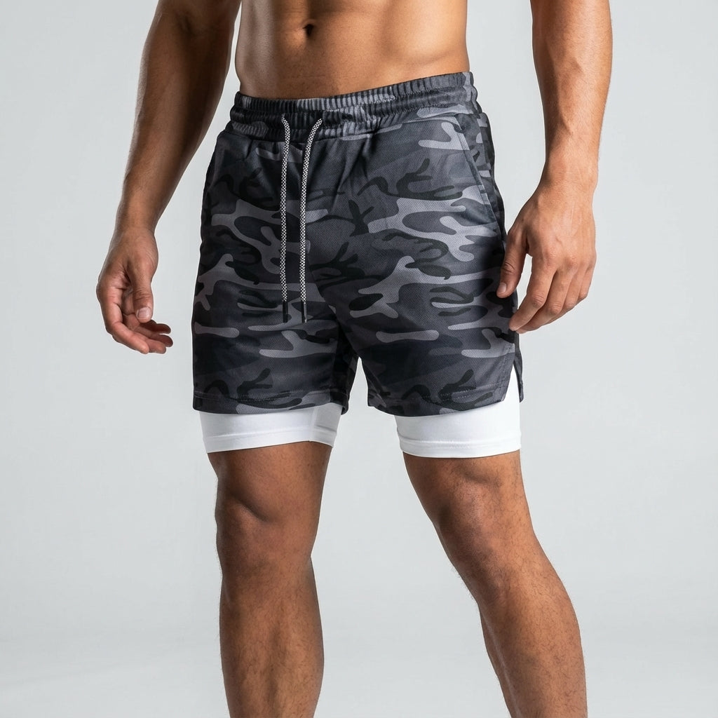 2-in-1 Herren Activewear Shorts mit integrierter Kompressionsschicht, ideal für intensives Training & Sport.