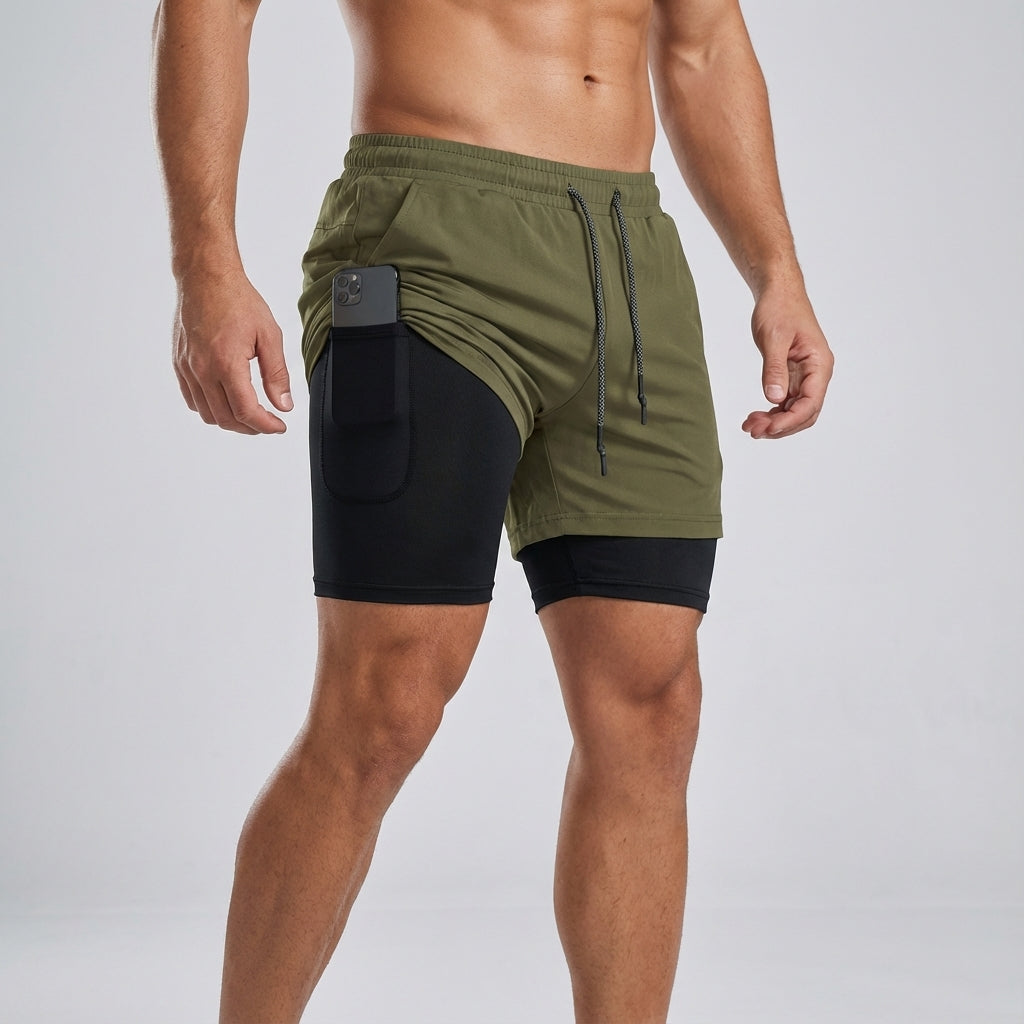 Detailansicht der atmungsaktiven, zweilagigen Herren Kompressionsshorts für Sport, Activewear & Fitness.