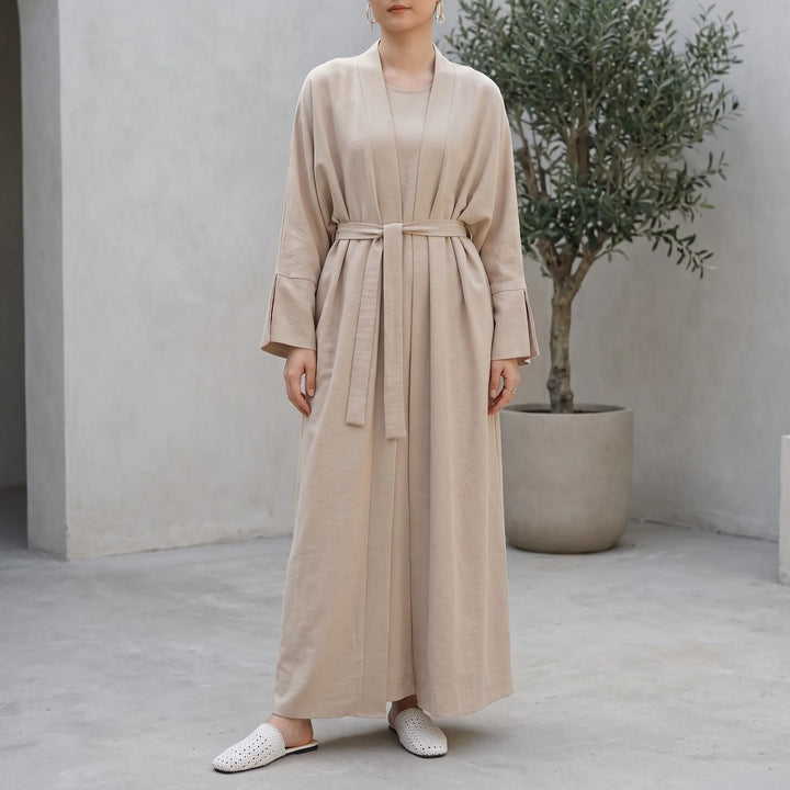 Elegantes zweiteiliges Damen Kimono Abaya Set für den Alltag. Modest Fashion Langarm-Outfit für Frauen.