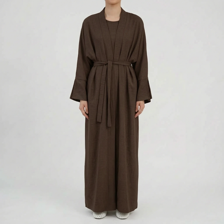 Stilvolles Damen Kimono Abaya Set, zweiteilig. Trendoutfit mit Langarm für Modest Fashion und Alltag.