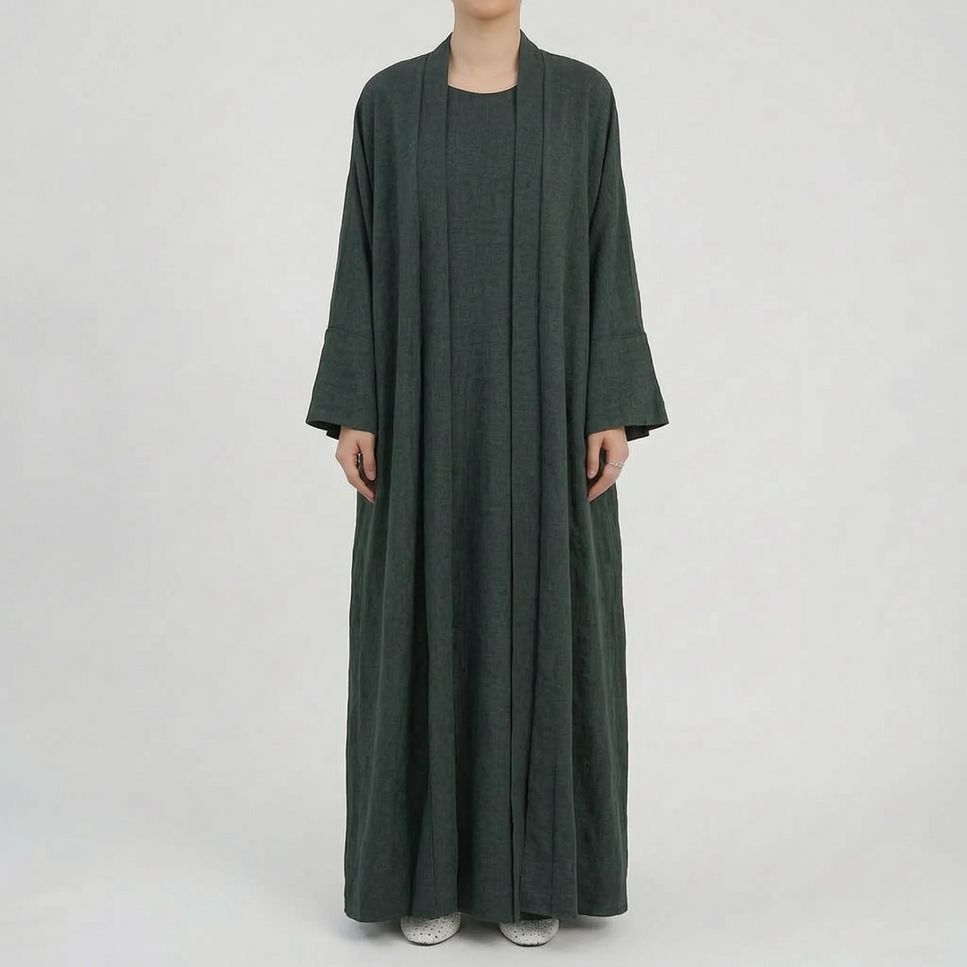 Das komplette Damen Kimono Abaya Zweiteiler Set. Perfekte Kombination aus Kimono und Kleid für Eleganz.