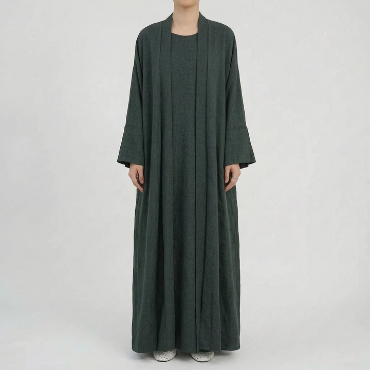 Das komplette Damen Kimono Abaya Zweiteiler Set. Perfekte Kombination aus Kimono und Kleid für Eleganz.