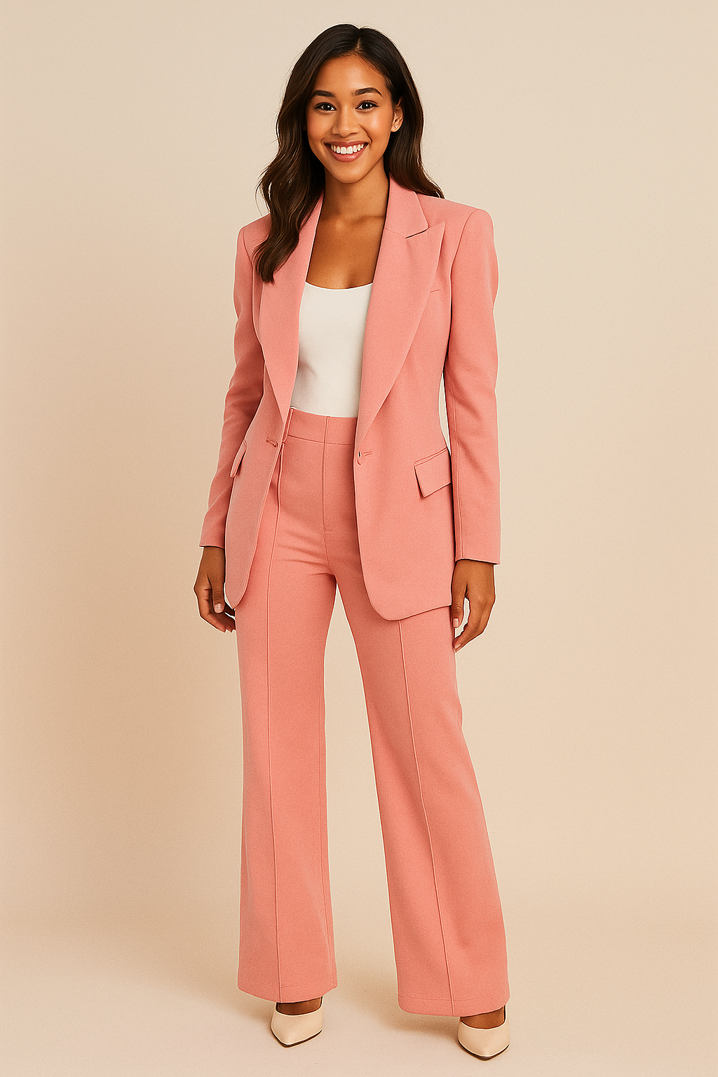 Stilvolles Damen Blazer-Set mit weicher, weiter Hose. Perfekter Hosenanzug für einen eleganten Auftritt.