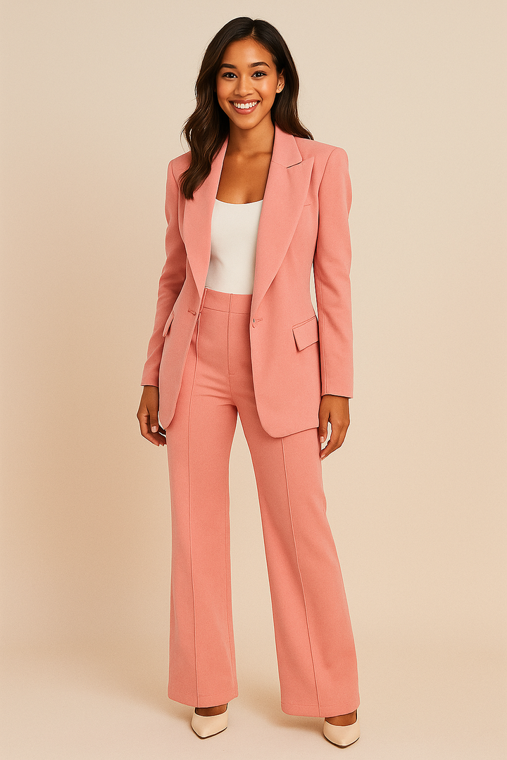 Stilvolles Damen Blazer-Set mit weicher, weiter Hose. Perfekter Hosenanzug für einen eleganten Auftritt.