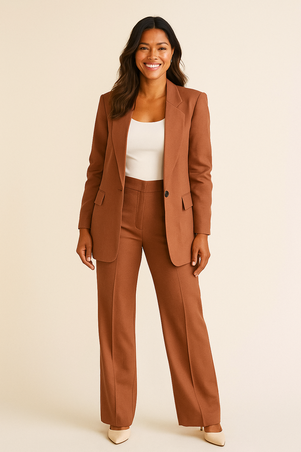 Eleganter Damenanzug Lauren mit weicher Hose und tailliertem Blazer. Stilvoll und bequem für Business.