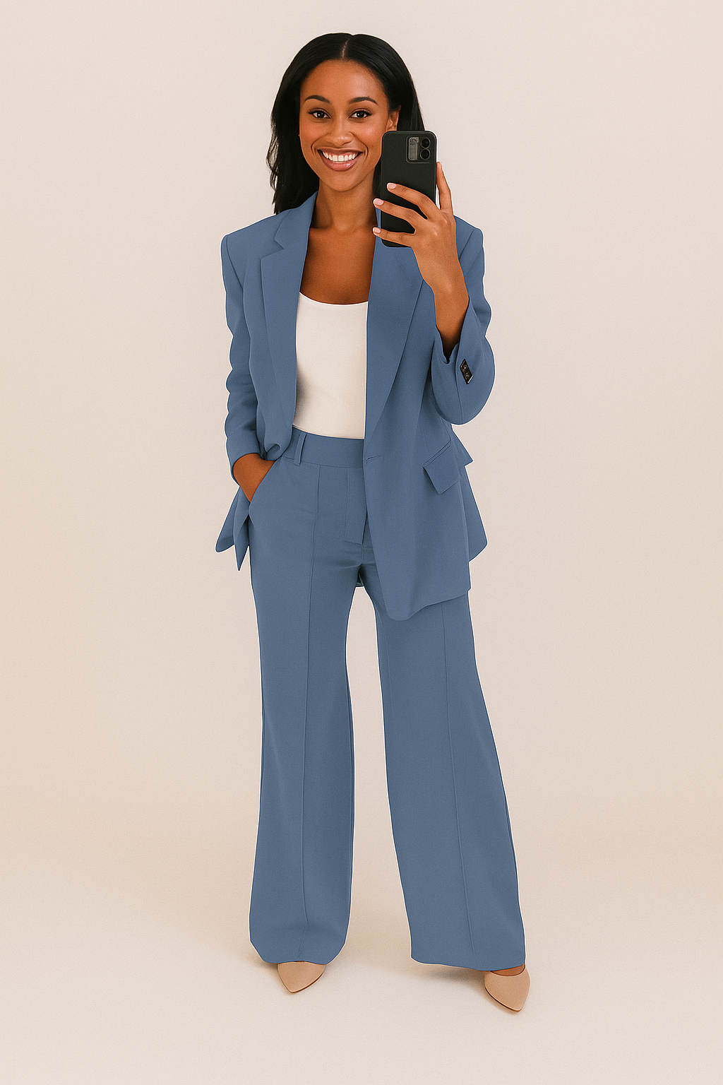 Weiblicher Hosenanzug Lauren, komplettes Business-Set mit weitem Bein. Perfekte Damenmode für den Büroalltag.