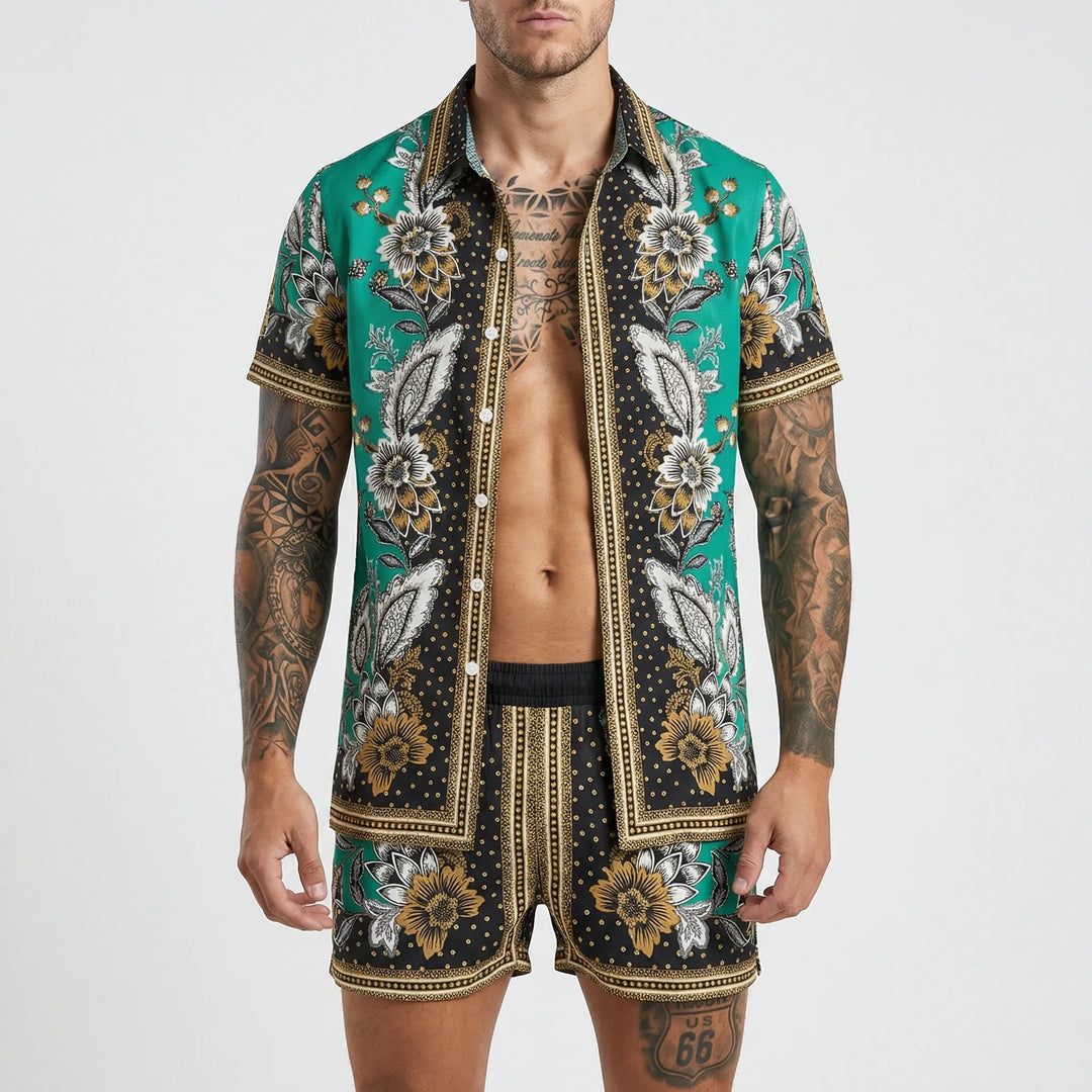 Gemusterte Herren Shorts aus dem Zweiteiligen Sommer-Set Jamal, ideal für heiße Tage.