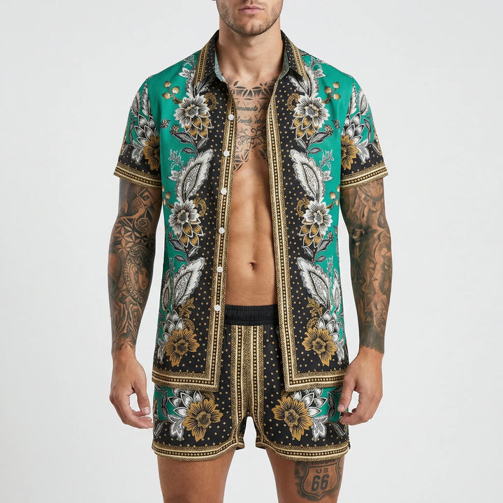 Gemusterte Herren Shorts aus dem Zweiteiligen Sommer-Set Jamal, ideal für heiße Tage.