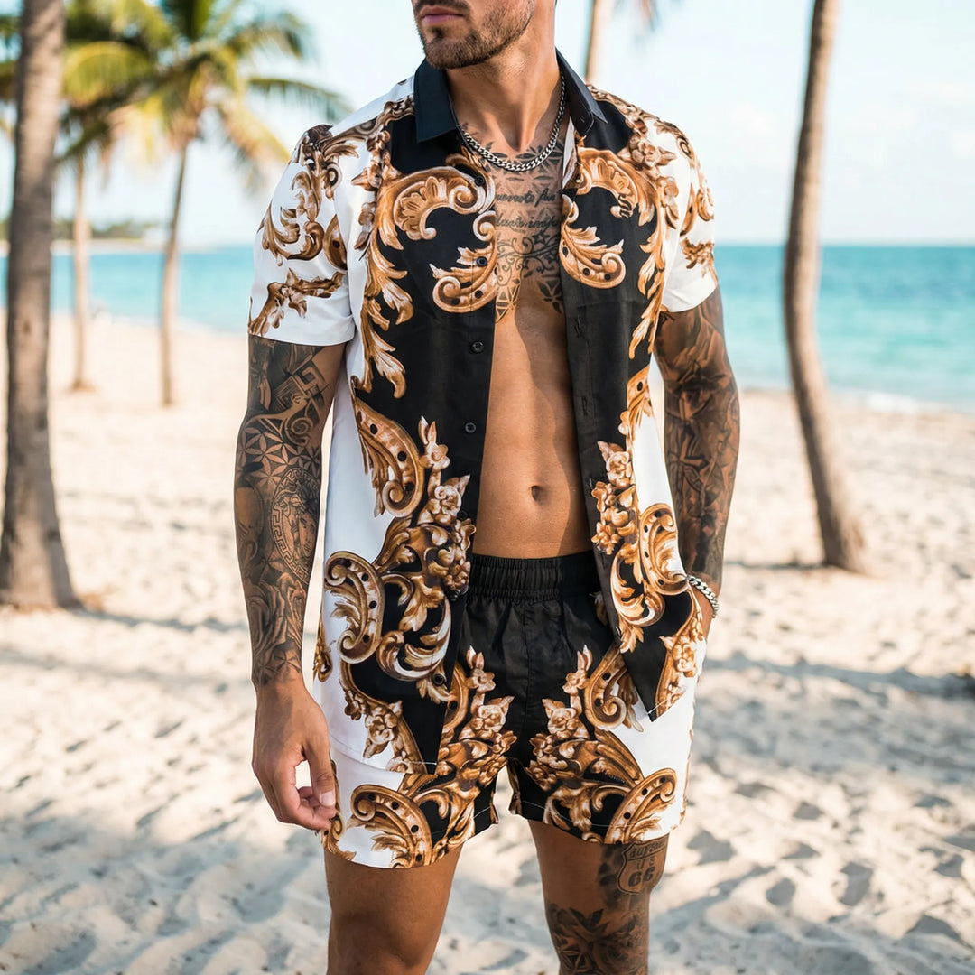 Herren Sommer-Set Jamal mit Muster, bestehend aus bequemem Hemd und Shorts für Freizeit.