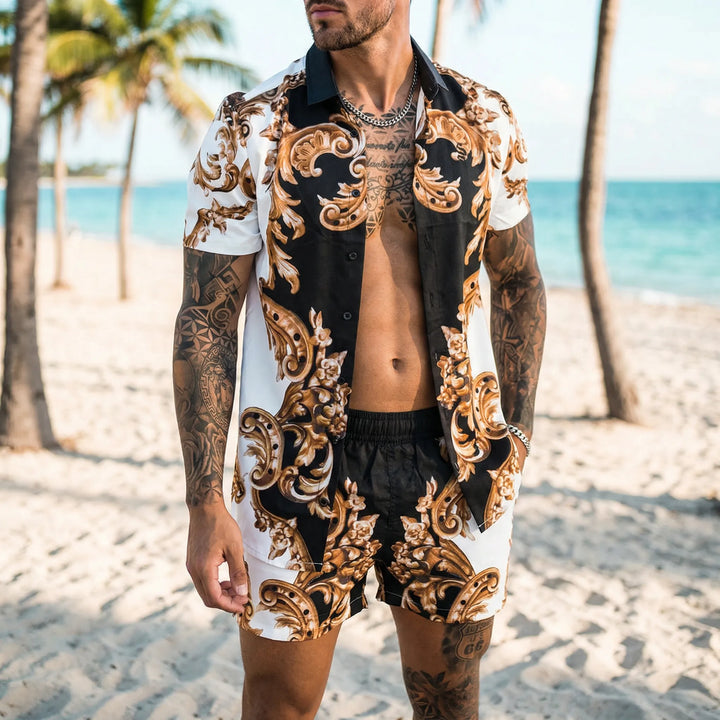 Herren Sommer-Set Jamal mit Muster, bestehend aus bequemem Hemd und Shorts für Freizeit.