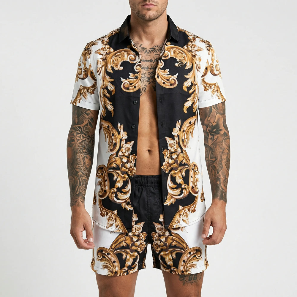 Stylisches Herren Zweiteiler-Set mit einzigartigem Muster; perfekt für Strand und Urlaub.