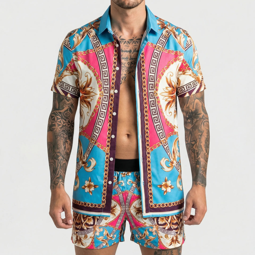 Modernes Herren Sommer-Set mit Muster-Print. Der bequeme Freizeit-Zweiteiler für Männer.