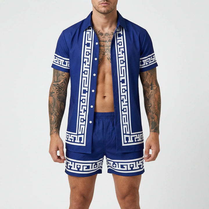 Leichtes Herren Sommer-Outfit mit auffälligem Muster. Ideal als Zweiteiler für Urlaub und Freizeit.
