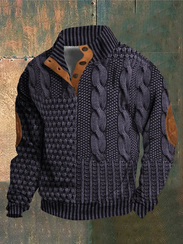 Hochwertiger Herren Pullover, Patchwork, Zopfmuster & Knopfkragen, für kalte Tage und Freizeit.