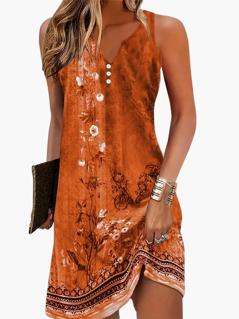 Modisches Damen Sommerkleid V-Ausschnitt, gemustert. Ideal als leichtes Strandkleid für den Urlaub.