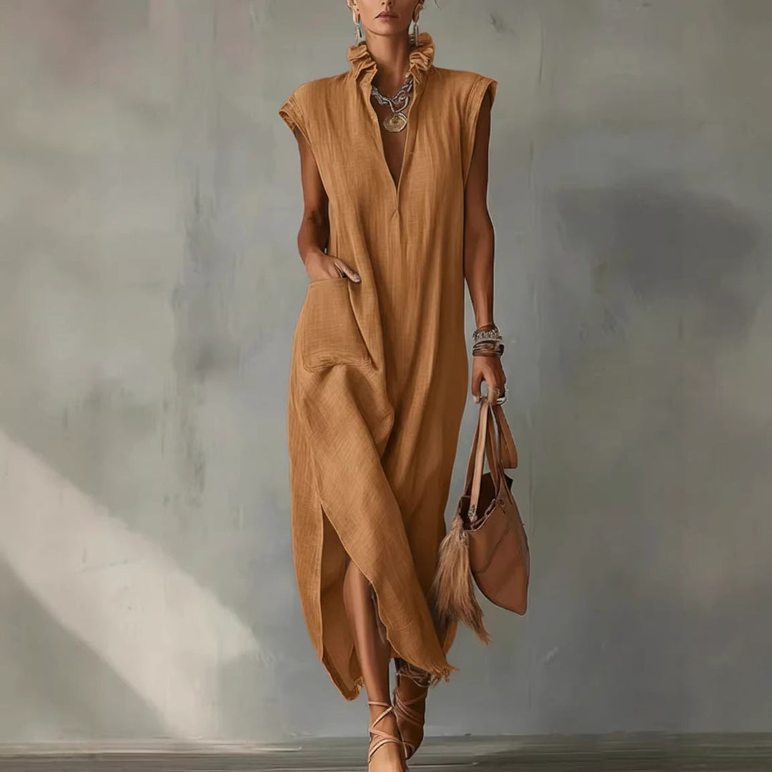 Fließendes, ärmelloses Damen Midi Hemdkleid. Locker geschnitten für entspannte Tage & Sommerlooks.