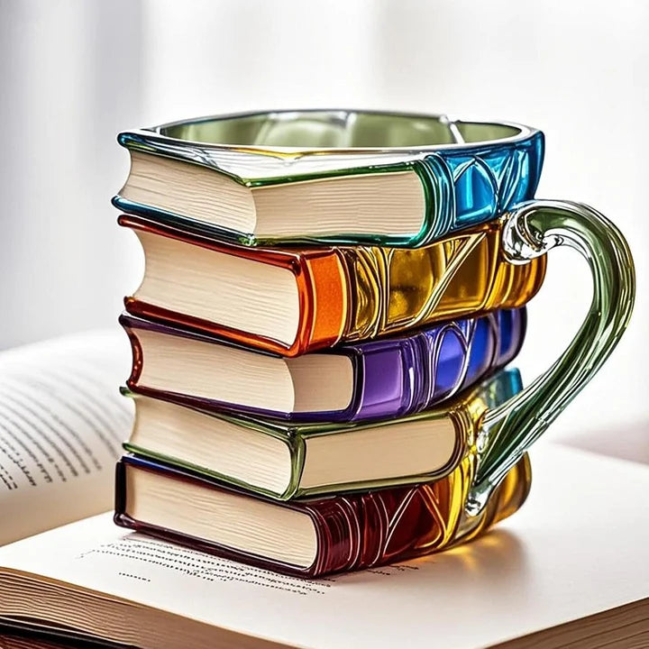 Einzigartige Designbecher-Tasse mit Bücherstapel-Motiv, perfekt für Leseratten und Buchliebhaber als Deko.