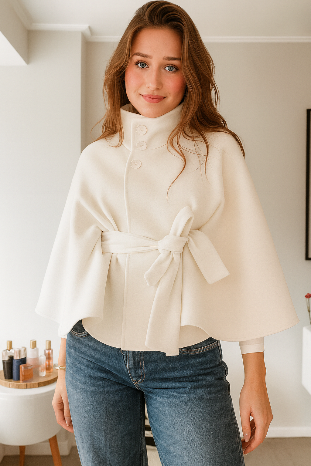 Damen Winterjacke im Cape-Stil, eleganter Damenmantel, weite Ärmel, hoher Kragen, schicke Herbstmode.