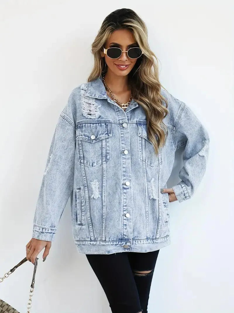 Warme, gefütterte Damen Jeansjacke oversized mit Kapuze, ideal für kühles Wetter & Streetwear.