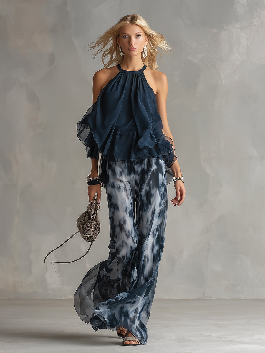 Komfortables marineblaues Damen Set, Zweiteiler mit weicher weite Hose und Rollkragen, ideal für Freizeit & Büro.