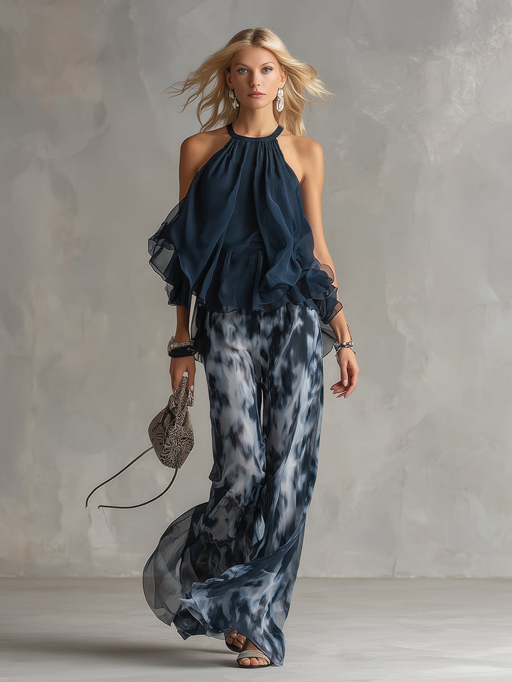 Komfortables marineblaues Damen Set, Zweiteiler mit weicher weite Hose und Rollkragen, ideal für Freizeit & Büro.