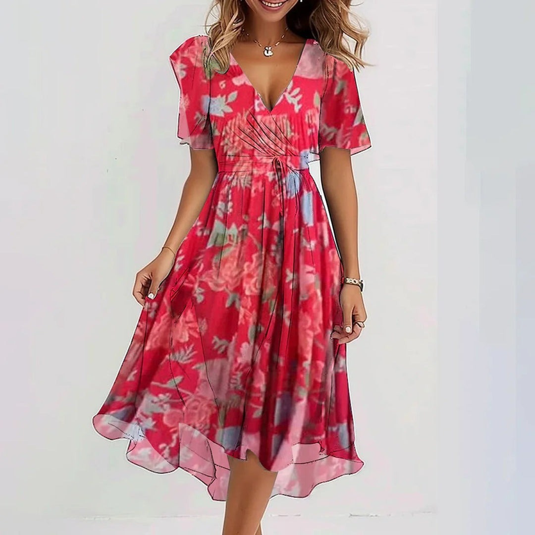 Kurzärmliges Damen A-Linien-Sommerkleid mit V-Ausschnitt und schönem Blumendruck. Bequemes, fließendes Freizeitkleid.