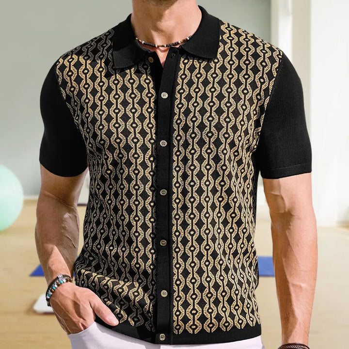 Stilvoller Herren-Cardigan kurzarm mit Reverskragen, Jacquard-Muster, beflockt. Ideal für Freizeit & Alltag.