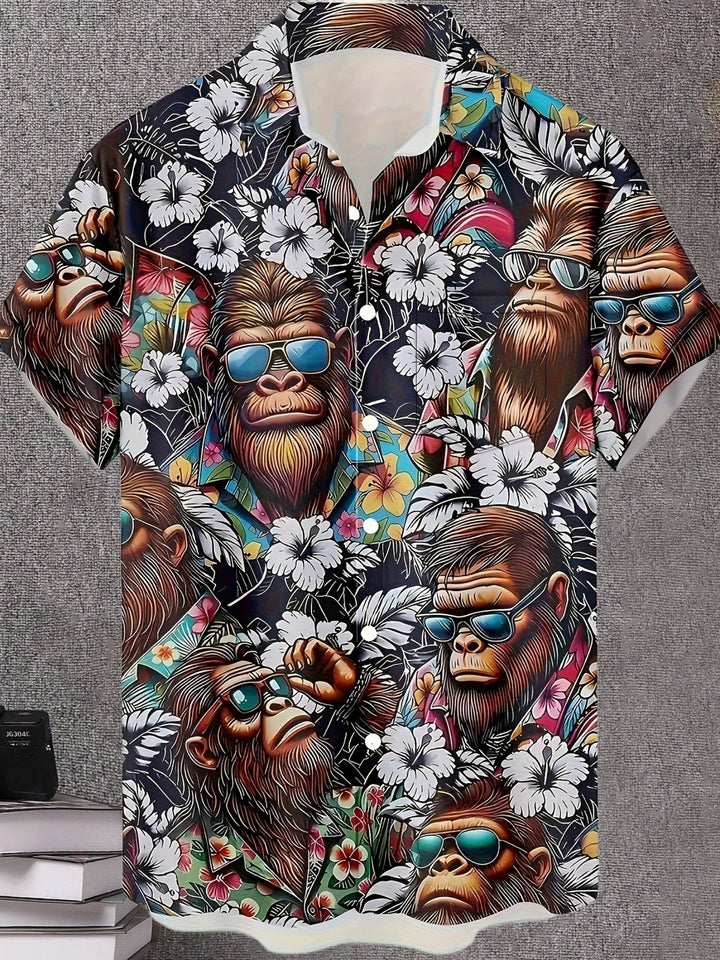 Herren Hawaiihemd mit lustigem Gorilla- & Tropen-Print für den Sommerurlaub.