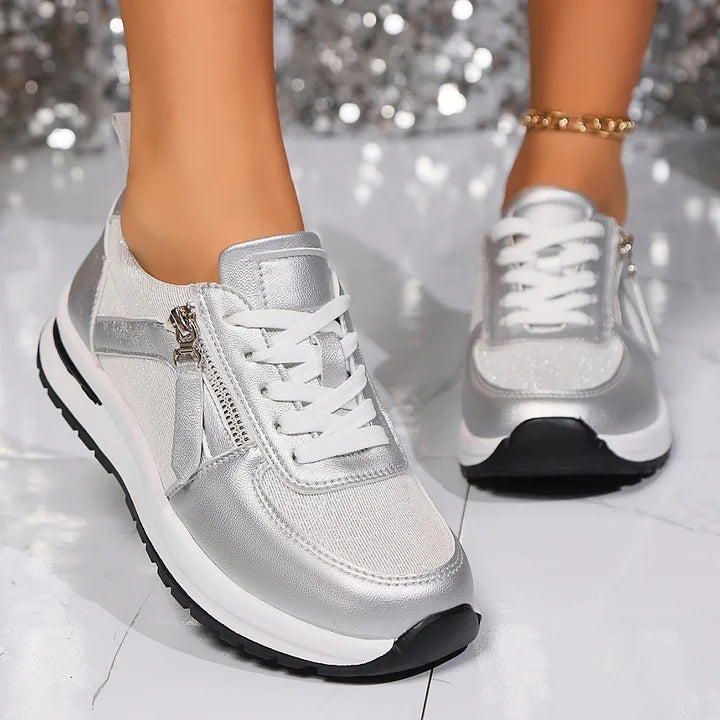 Vielseitiger Damen Sneaker in Gold mit Reißverschluss. Ideal als Freizeitschuh & bequemer Alltagsschuh.