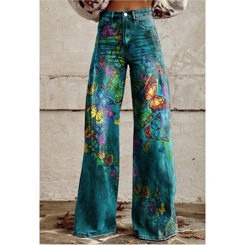 Trendige Damen-Hose: Schlaghose im Vintage-Stil mit auffälligem, lebhaftem Blumenmuster.