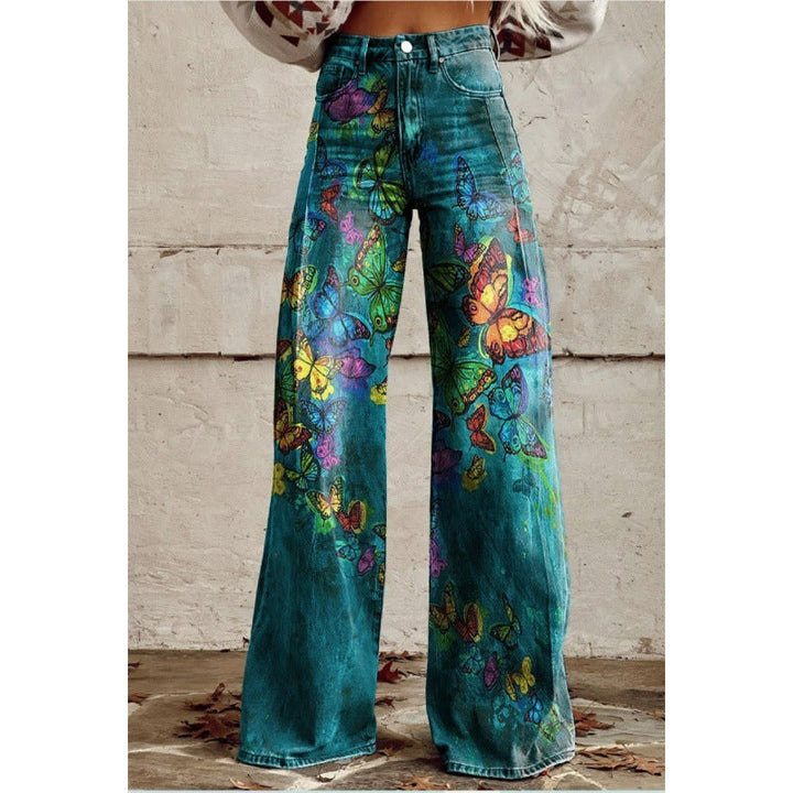Trendige Damen-Hose: Schlaghose im Vintage-Stil mit auffälligem, lebhaftem Blumenmuster.