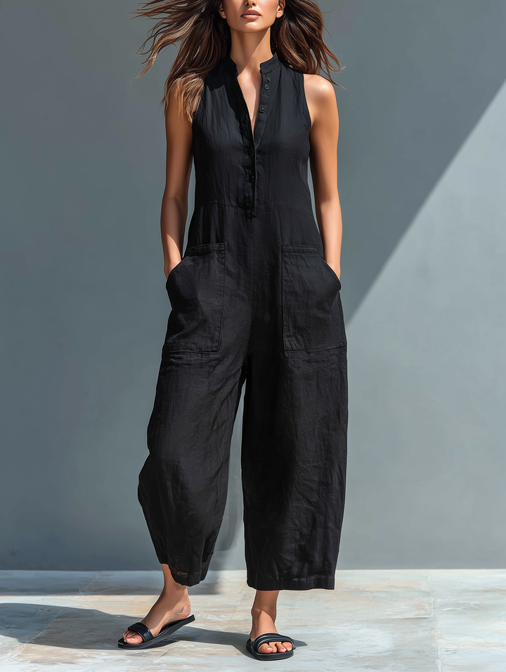 Damen ärmelloser Jumpsuit mit Knopfleiste in Schwarz. Elegant & komfortabel für Sommer, Freizeit & Alltag.