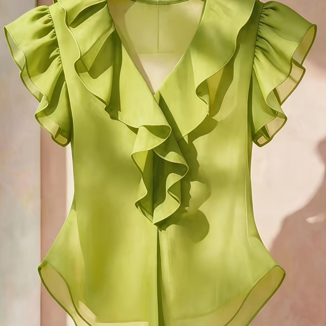 Bürotaugliche Rüschenbluse mit V-Ausschnitt. Elegant & bequem zugleich.