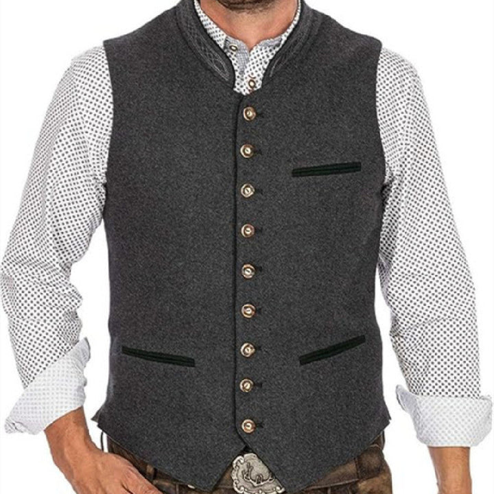 Traditionelle graue Herren Trachtenweste mit Stehkragen, ideal für Trachten-Outfits, Volksfest und Hochzeiten.
