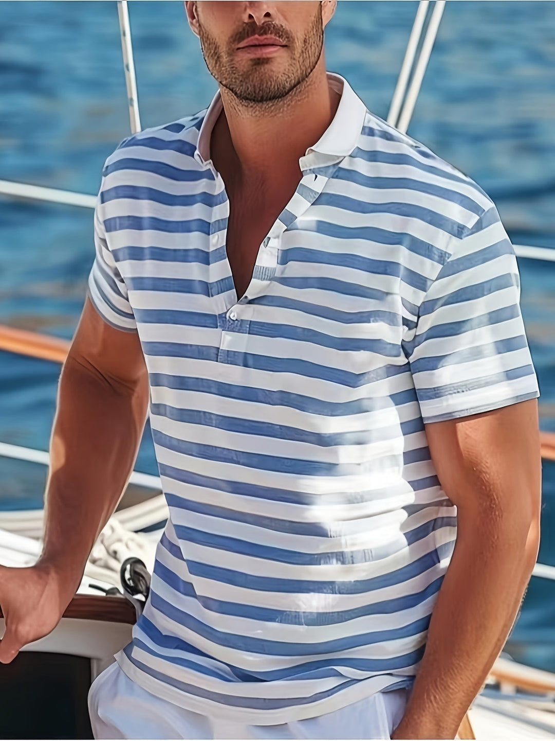 Kurzarm Poloshirt für Herren, maritim gestreift, bequeme Herrenmode für den Sommer.