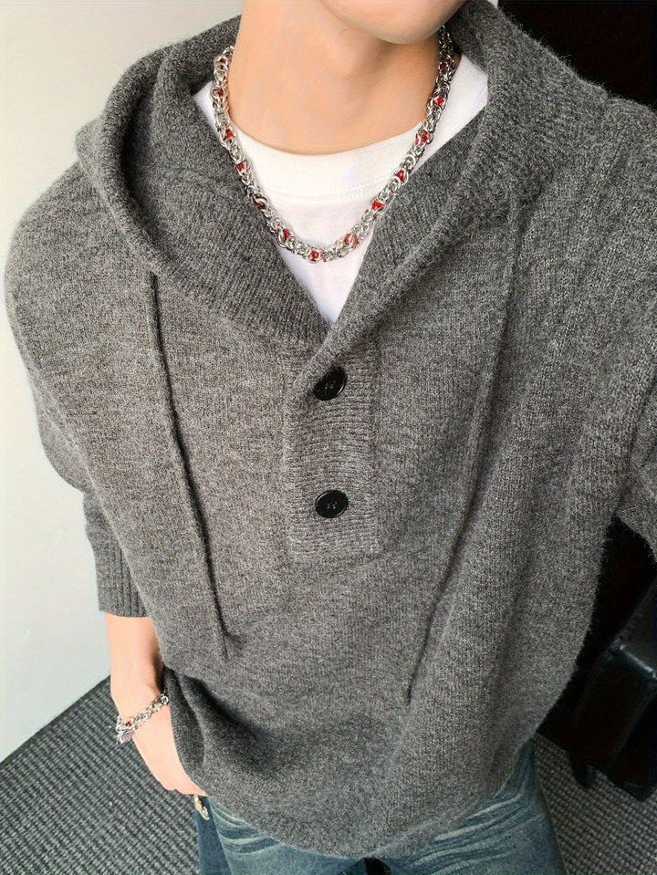 Moderner dunkelgrauer Herren Strick Hoodie, Kapuzenpullover mit Knopfverschluss, warme Männermode.
