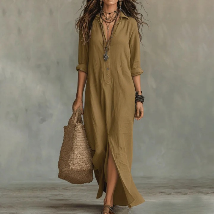 Komfortables Damen Maxikleid, elegant, langarm, lockerer Schnitt, ideal für Freizeit und lässige Anlässe.