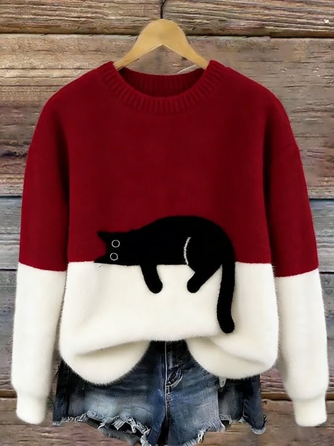 Trendiger Damen Oversized Pullover mit süßem Katzenmotiv, vielseitig kombinierbar für Freizeit & Mode.
