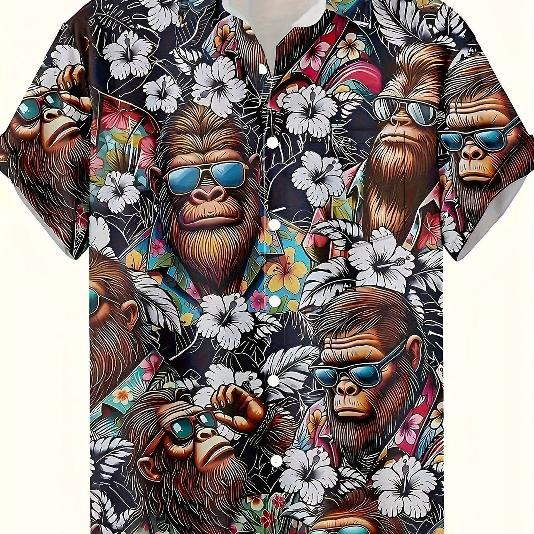Lustiges Herren Sommerhemd: Hawaiihemd mit tanzendem Gorilla und Palmen.